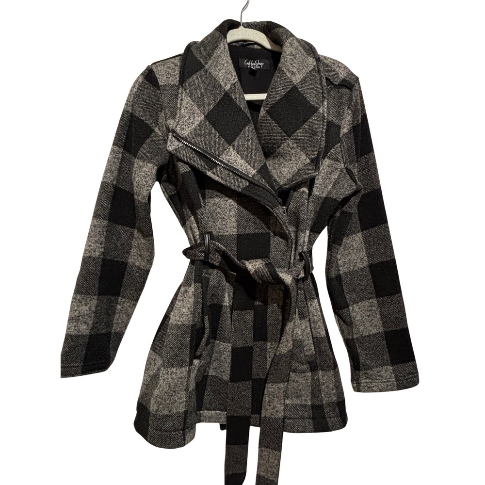 Coffee Shop Black Gray Plaid Peacoat Moto‎ Wrap Coat Belted Women M Warm office